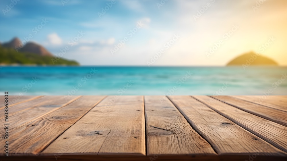 Selective Focus on Rustic Wooden Table Top - Blurred Sea or Beach Background for Commercial Design