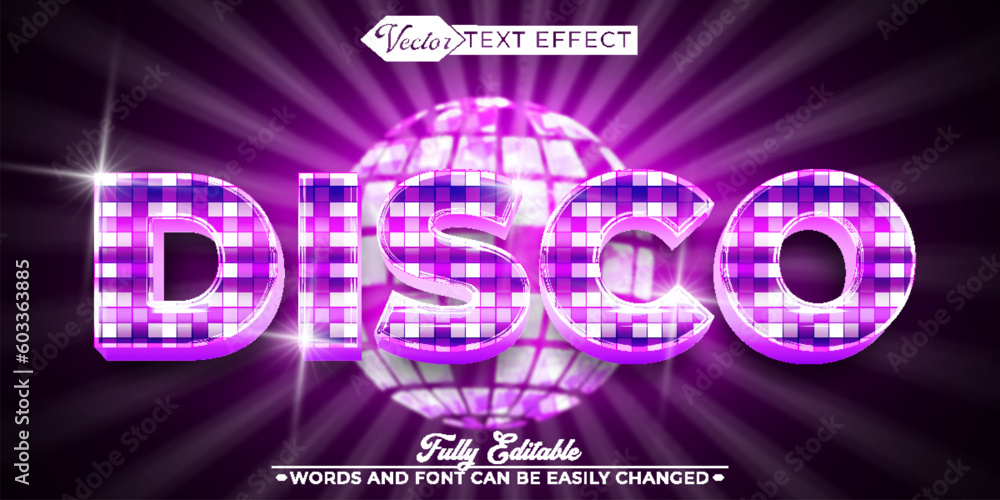 Purple Shiny Mirror Ball Disco Vector Editable Text Effect Template - obrazy, fototapety, plakaty 