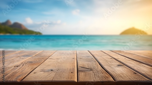Selective Focus on Rustic Wooden Table Top - Blurred Sea or Beach Background for Commercial Design
