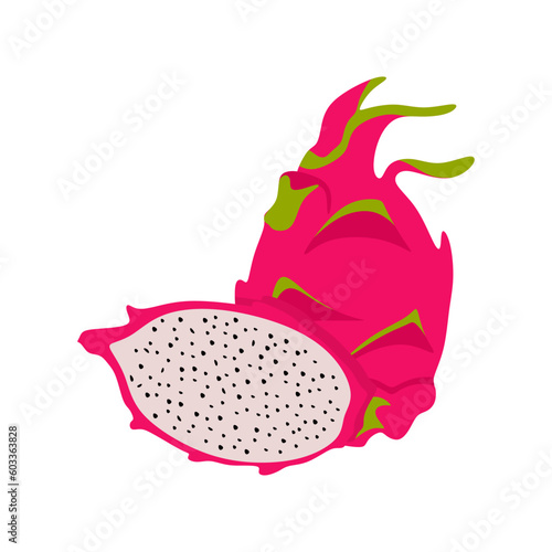 Colorful flat illustration of dragon fruit whole and sliced. Summer tropical fruit for healthy lifestyle. Dragon or Pitaya fruits isolated on white background. Vector illustration