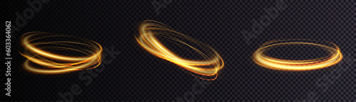 Dynamic gold lines with glow effect. Rotating shiny rings. Abstract sparkling swirl, wave of light.