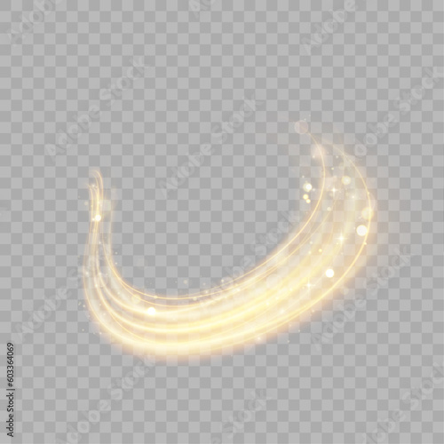 Dynamic gold lines with glow effect. Rotating shiny rings. Abstract sparkling swirl, wave of light.