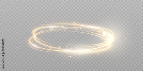 Dynamic gold lines with glow effect. Rotating shiny rings. Abstract sparkling swirl, wave of light.