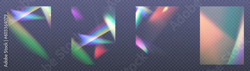 Rainbow light rays, lens flare, reflection effect from crystal, glass or gem. Vector realistic illustration set of light leak effect with spectrum glare, prism refraction, lens flare