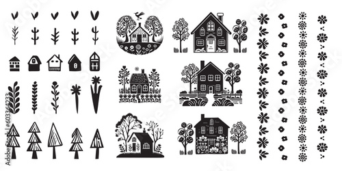 Set of domestic home vector quirky graphics. Collection of folk art style rural house and woodland clip art in hand carved linocut illustration. 