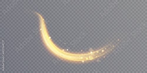Dynamic gold lines with glow effect. Rotating shiny rings. Abstract sparkling swirl, wave of light.