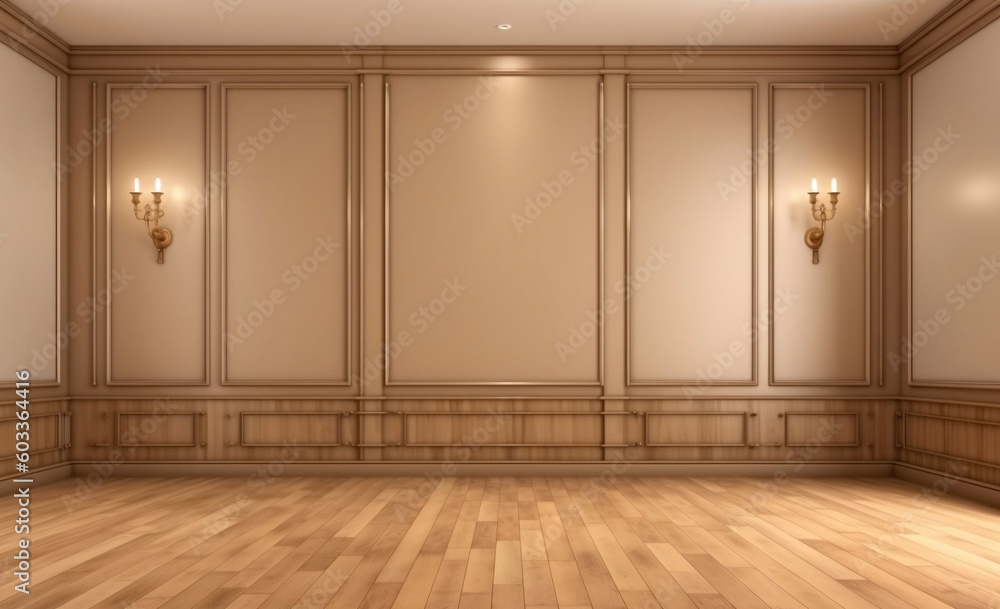 Modern minimalist interior design with light brown decorative wall paneling and stunning wood flooring for presentations, generative AI
