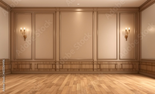 Modern minimalist interior design with light brown decorative wall paneling and stunning wood flooring for presentations  generative AI