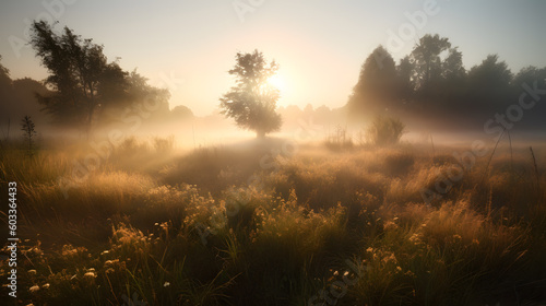 A peaceful meadow at sunrise, with a blanket of mist hugging the ground, while the first rays of light illuminate the dew-covered grass and create a magical and ethereal atmosphere. Generative AI