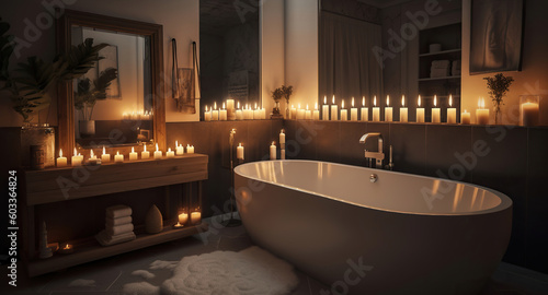 A bathroom with candles and a bathtub with a mirror on the wall. Generative AI