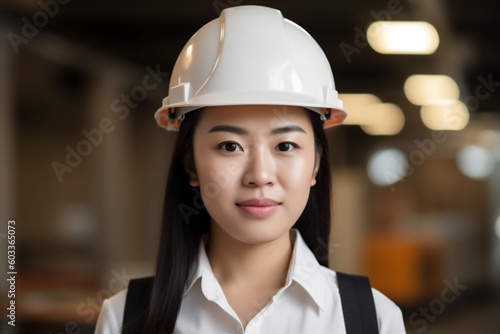 portrait woman engineer asian industrial smile industry professional business helmet job. Generative AI.