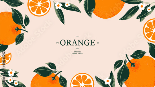 Botanical horizontal frame template with fresh orange fruits, lush leaves, and delicate flowers. Vector illustration