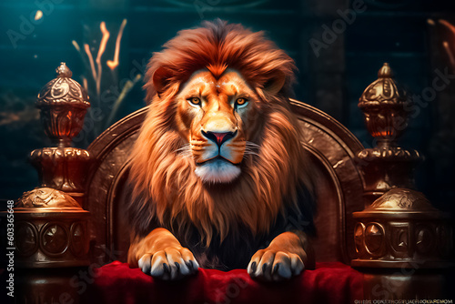 A majestic male lion sits regally on a red and gold king s chair  radiating an aura of power and authority in the dramatic lighting. generative AI.