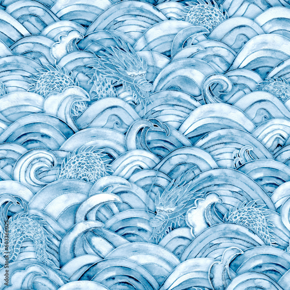 Fototapeta premium Sea waves and dragons magic blue teal turquoise purple seamless pattern