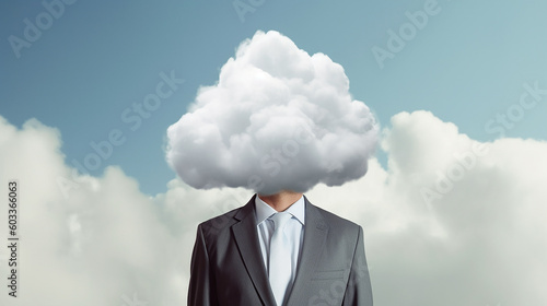 Businessman with white cloud instead of head. Minimal concept. Businessman with zero management ideas and have lot of problems. Generative AI
