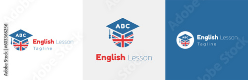 British language school logo design set, English lesson modern logotype symbol, vocabulary study emblem concept, teaching grammar editable commercial illustration, branding, brand identity isolated on