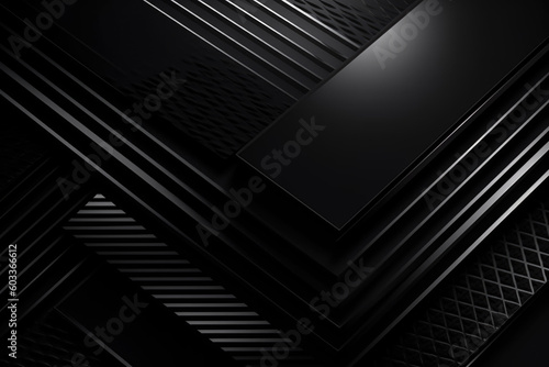 Abstract black metallic background with stripes and lines. Black grey abstract modern background for design. Dark. Geometric shape. 3d effect. Diagonal lines, stripes. Generative AI