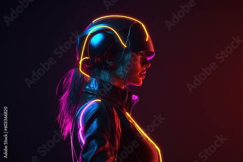 Stylish fashion teenager wearing headphones listening dj music in neon lights. Generative ai. © bigtown