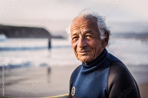 Generative AI image of portrait of smiling senior male with gray hair and in swimsuit looking at camera while standing on sandy beach near sea in evening photo