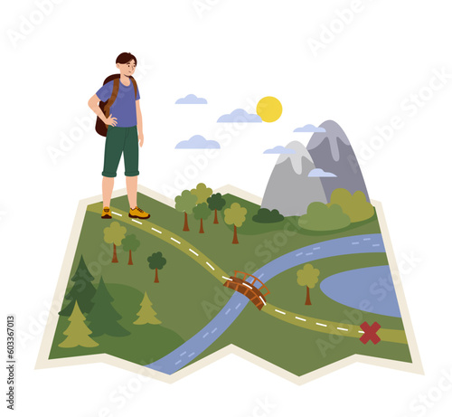 Boy go to travel. Teenager with backpack stands on map. Natural landscape, mountains, lake and meadow. Route planning. Hikng and camping, active lifestyle. Cartoon flat vector illustration