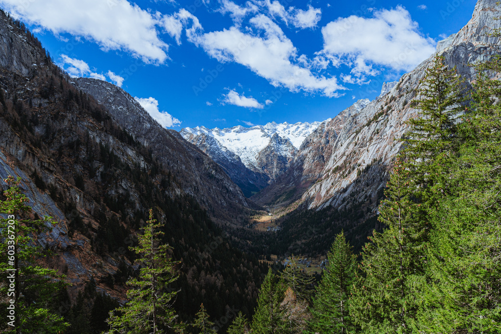 The mountains and nature of the Val di mello natural park, one of the most visited tourist areas in the Valtellina, near the village of Masino, Italy - April 2023.