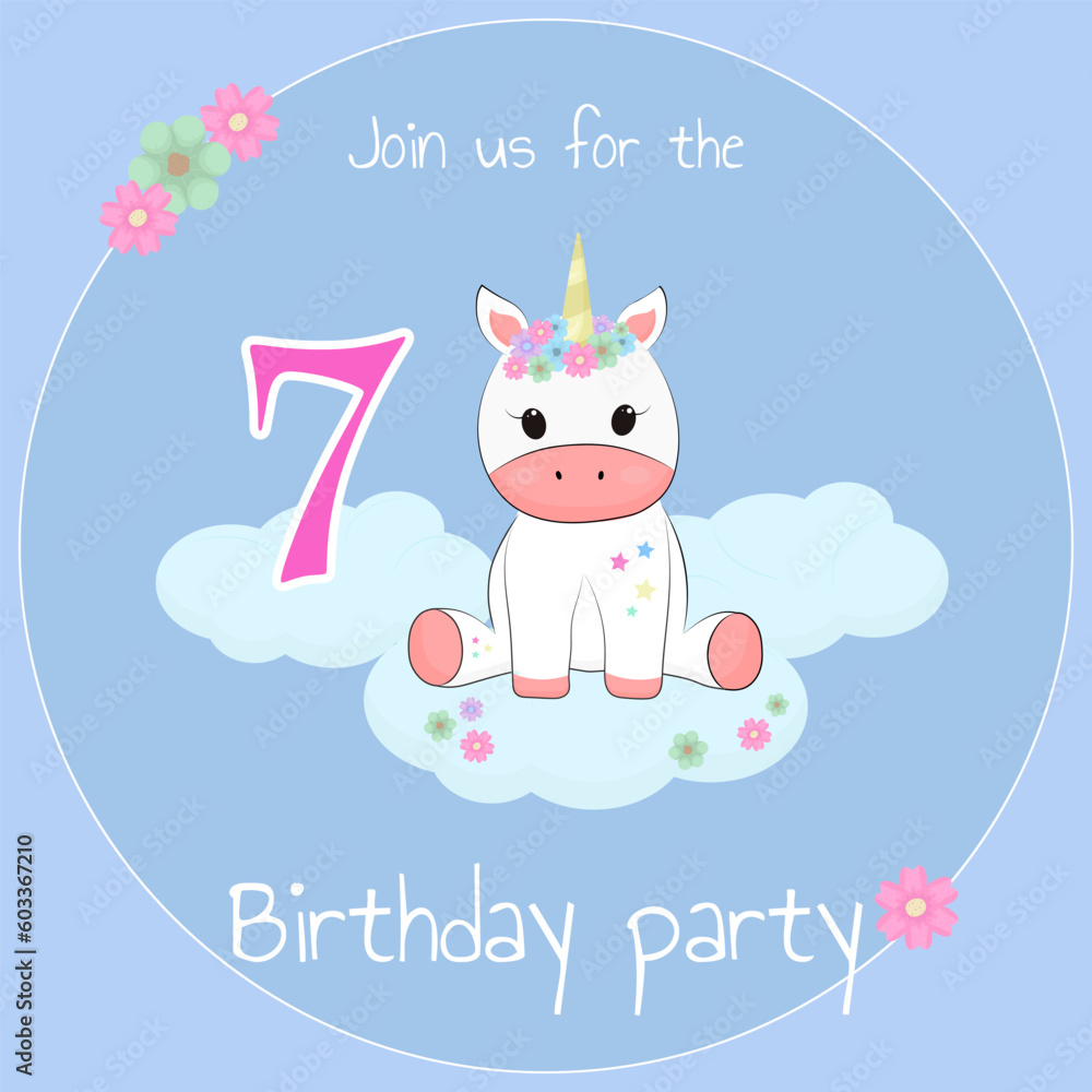 Card invitation for birthday party with cute unicorn rainbow, stars, flower, cloud for 7 year babe Card invitation for birthday party with cute unicorn rainbow, stars, flower, cloud for 7 year babe
