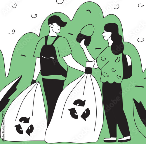 Social illustration on the theme of clean nature, earth day, garbage sorting, earth day. People clean up on the street, garbage is removed in the park. Vector illustration, green palette. Flat style