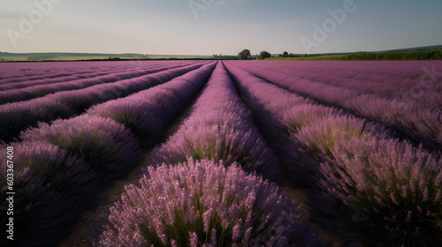 A serene field of lavender in full bloom, spreading its delightful fragrance as far as the eye can see, with rows of vibrant purple flowers