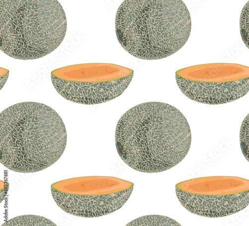 A whole melon and its half in a peel. Seamless pattern in vector. Suitable for backgrounds and prints.