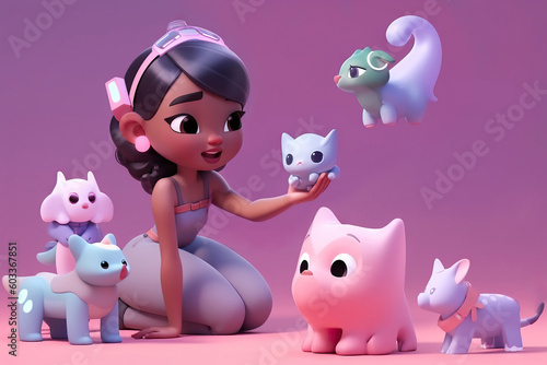 Generative AI illustration of full body woman with black hair sitting on floor surrounded by fabulous animals photo