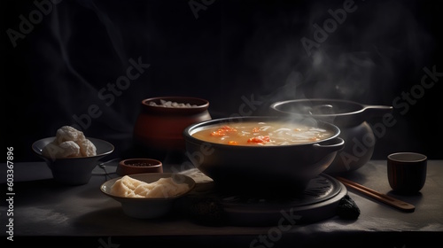 Fufu and soup on dark black background. generative ai