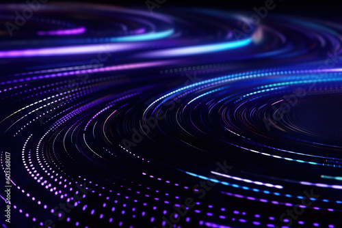 Generative AI illustration of abstract futuristic background with glowing lines shining in dark forming tunnel on black surface