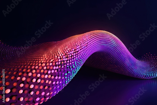 Generative AI illustration of shiny bright curvy line with glowing lights and colorful dots forming endless shape on dark background photo
