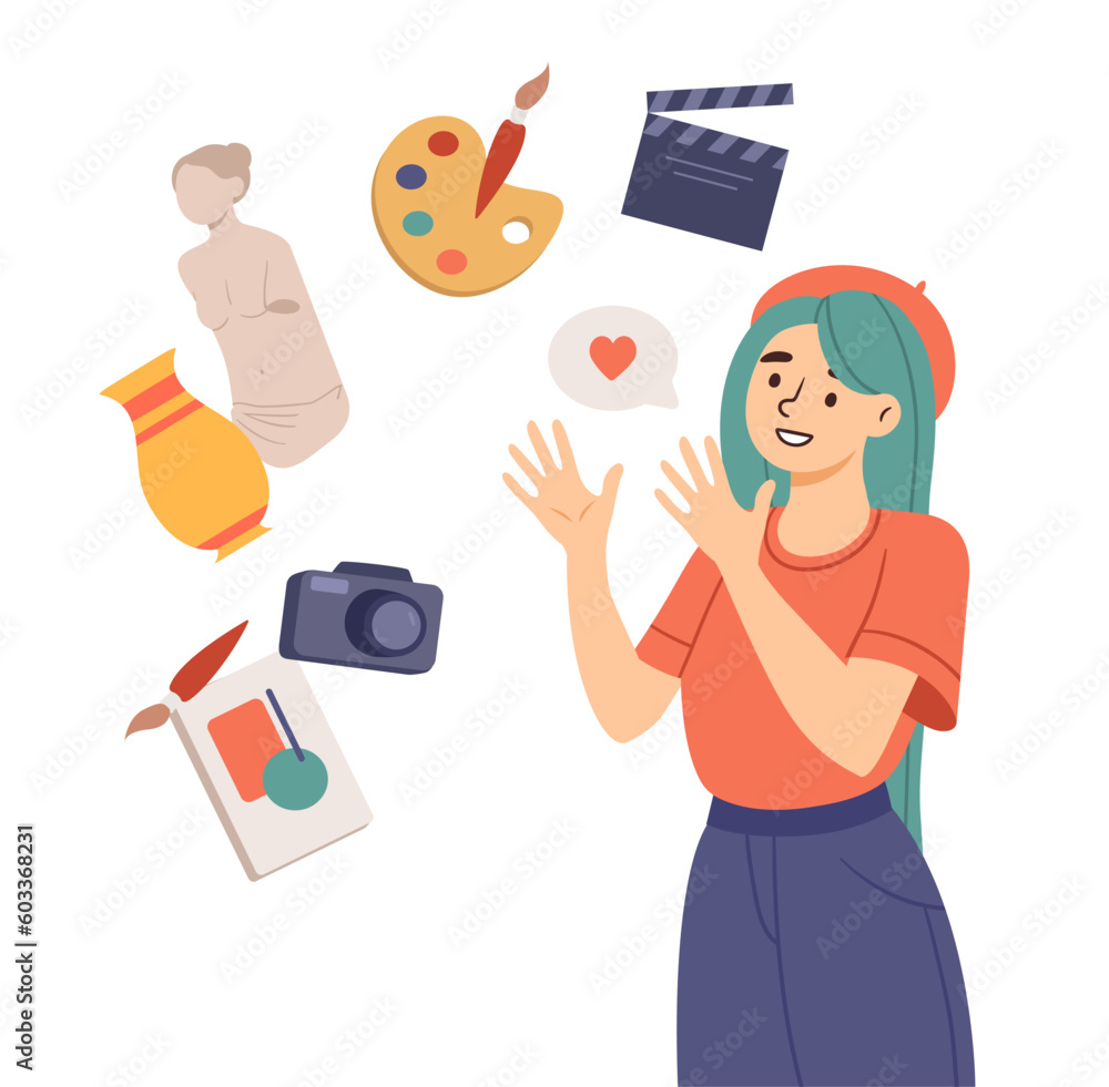 Girl and her hobby. Young person in beret stands near brush, clapperboard, camera, statue and vase. Creativity and art. Cinema, sculpture, drawing and photographing. Cartoon flat vector illustration Girl and her hobby. Young person in beret stands near brush, clapperboard, camera, statue and vase. Creativity and art. Cinema, sculpture, drawing and photographing. Cartoon flat vector illustration