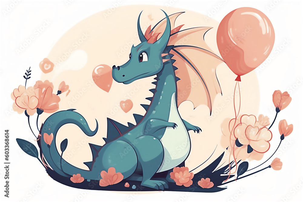 Happy Birthday. Happy Cute cartoon dragon.Illustration. Post processed AI generated image