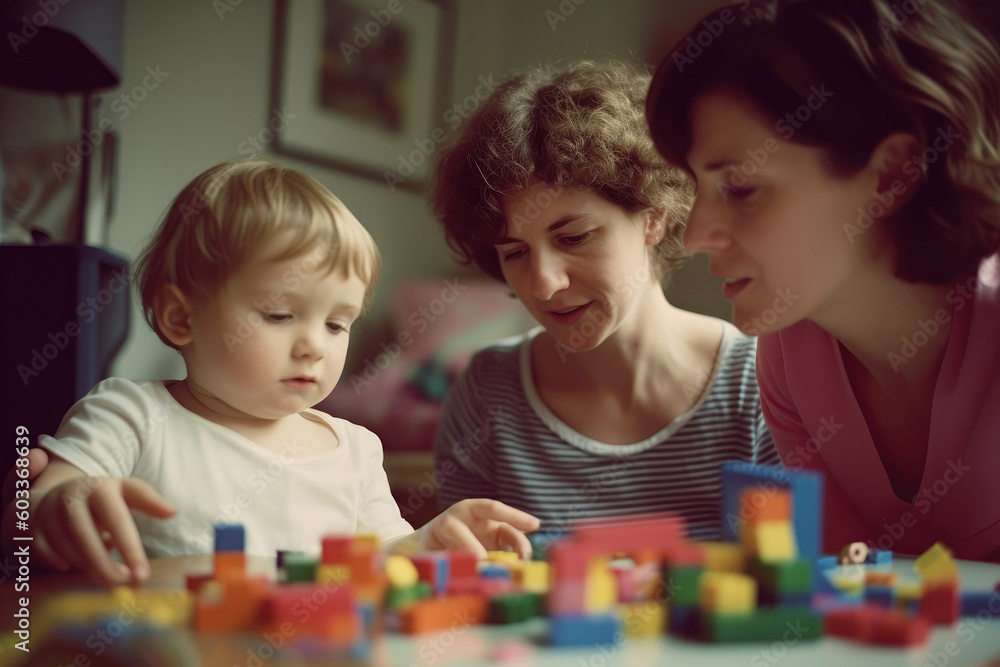 Generative AI illustration of calm women in casual outfits playing together with cute little child while spending time at home