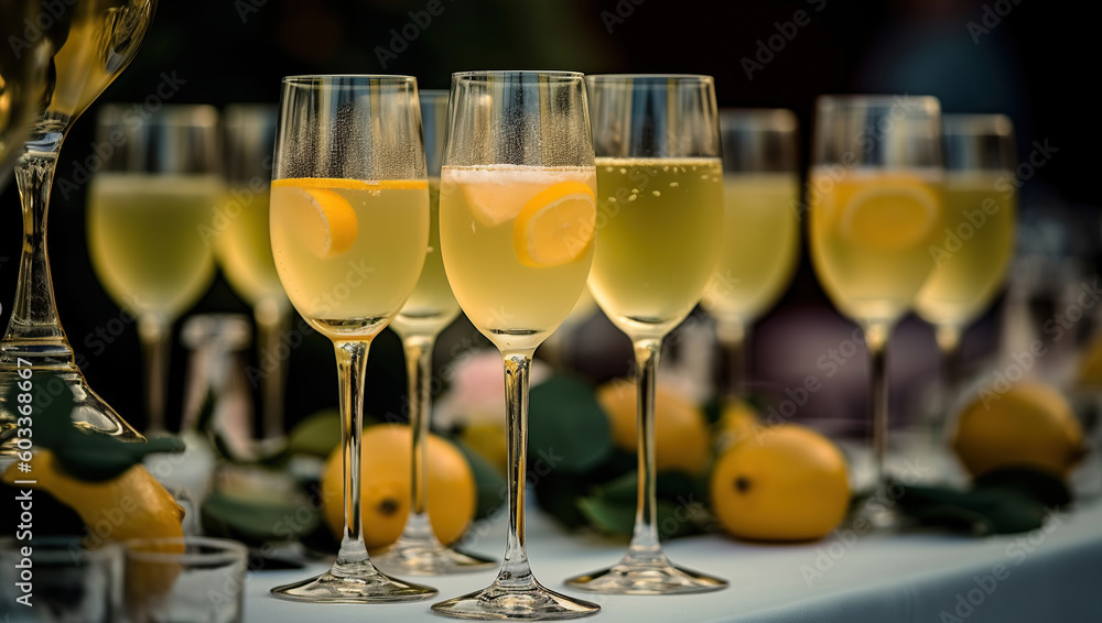 Champagne and lemonade on the catering table. Generative AI Champagne and lemonade on the catering table. Generative AI