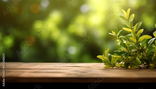 Nature's Spring Beauty: Green Foliage, Wooden Table and Bokeh, generative AI