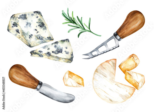 Blue cheese and bri cheese isolated on white. Watercolor illustration photo