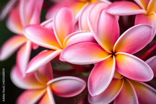 Close-up of pink frangipani flowers with soft, delicate petals and bright yellow centers