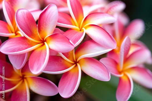 Close-up capture of pink frangipani (pink plumeria) flowers revealing nature's delicate beauty