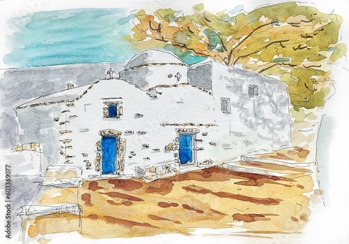 Dessin à l'aquarelle d'une église blanche dans l'île grecque d'Amorgos, cyclades, avec des portes bleues et des arbres autour