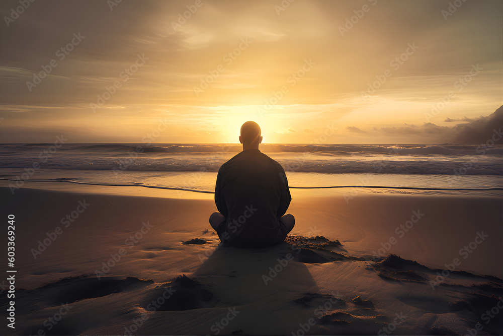 Man meditating sitting on the beach at sunset with beautiful ocean on the background. Generative AI.