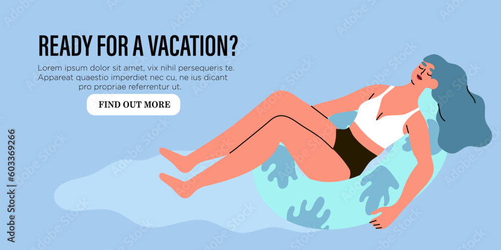 Attractive young woman swimming on inflatable rubber tube in sea or ocean on her vacation to seaside. Female character in inner tube relaxing in water in swimming pool on summer trip banner.