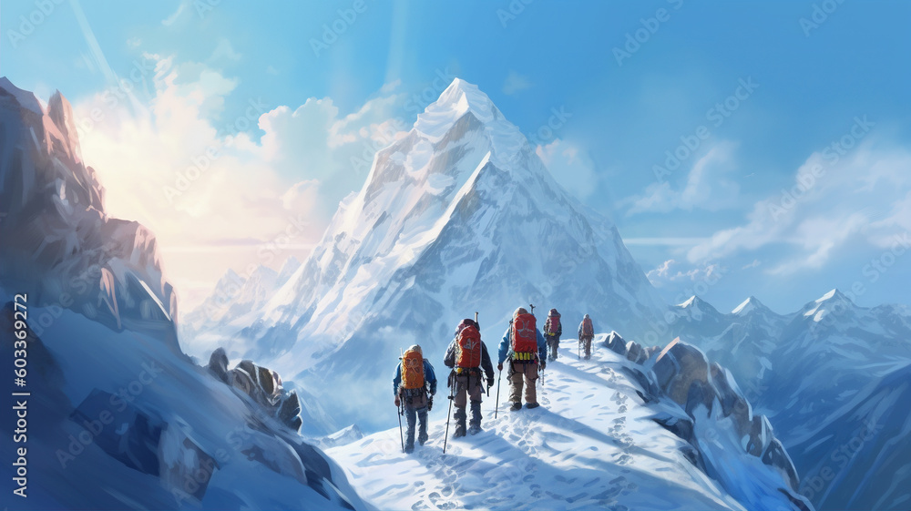 Trekkers ascend a snow-covered mountain, surrounded by a striking color scheme of deep whites and shades of blue. The contrasting colors create a bold visual impact, resembling a solarizing masterpiec