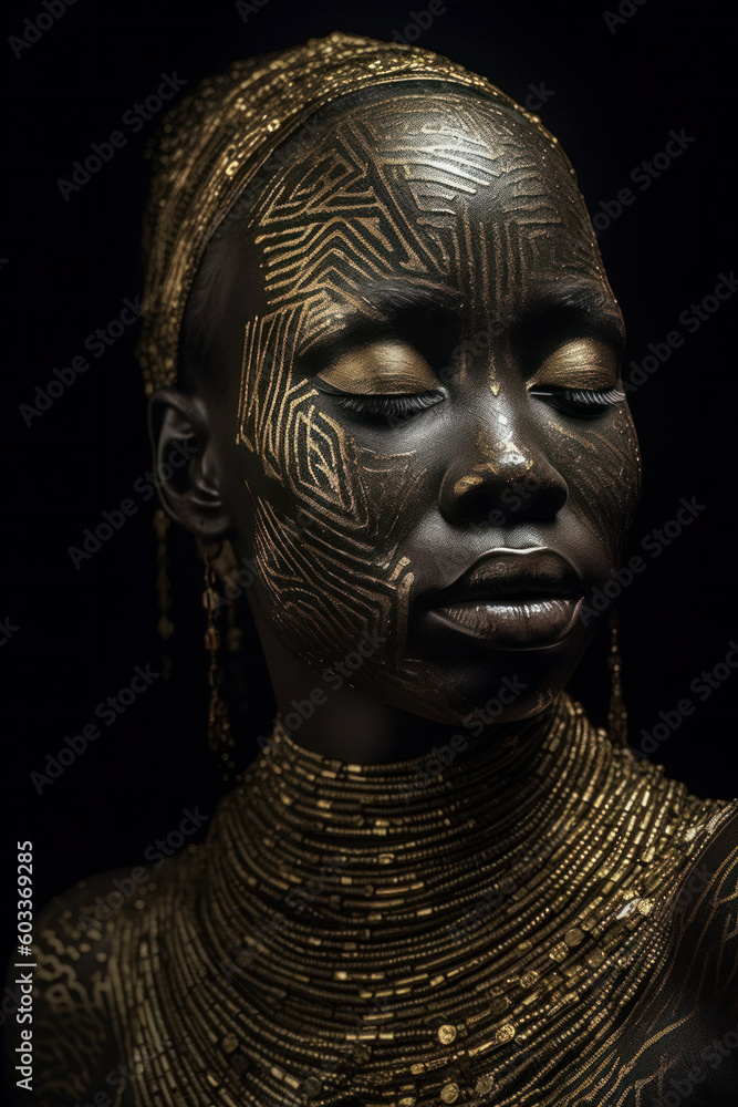 Generative AI illustration portrait with closeup of African American female with gold paint on face and body and golden against dark background Generative AI illustration portrait with closeup of African American female with gold paint on face and body and golden against dark background