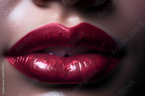 Female lips with red lipstick close up. Generative AI.