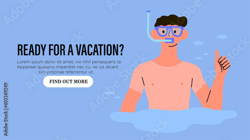 Young man in diving mask swim in sea or ocean and observing coral reef. Male snorkeler watch marine fauna on his vacation or journey website banner, advertisement. Underwater recreational activity.