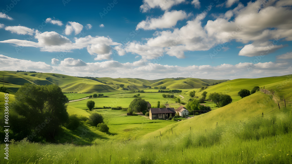 A picturesque countryside scene, with gentle rolling hills covered in lush green grasses, scattered with charming farmhouses and embraced by a clear blue sky dotted with fluffy clouds. Generative AI A picturesque countryside scene, with gentle rolling hills covered in lush green grasses, scattered with charming farmhouses and embraced by a clear blue sky dotted with fluffy clouds. Generative AI