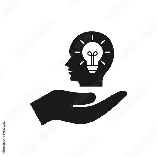 Creativity, new idea. Human head with lightbulb on hand flat icon isolated on white background. Vector illustration